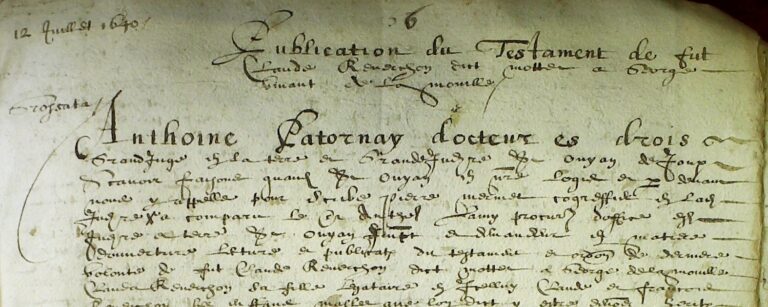 Publication du testament de feu Claude REVERCHON dit MOTTET A GEORGE de La Mouille, 1640